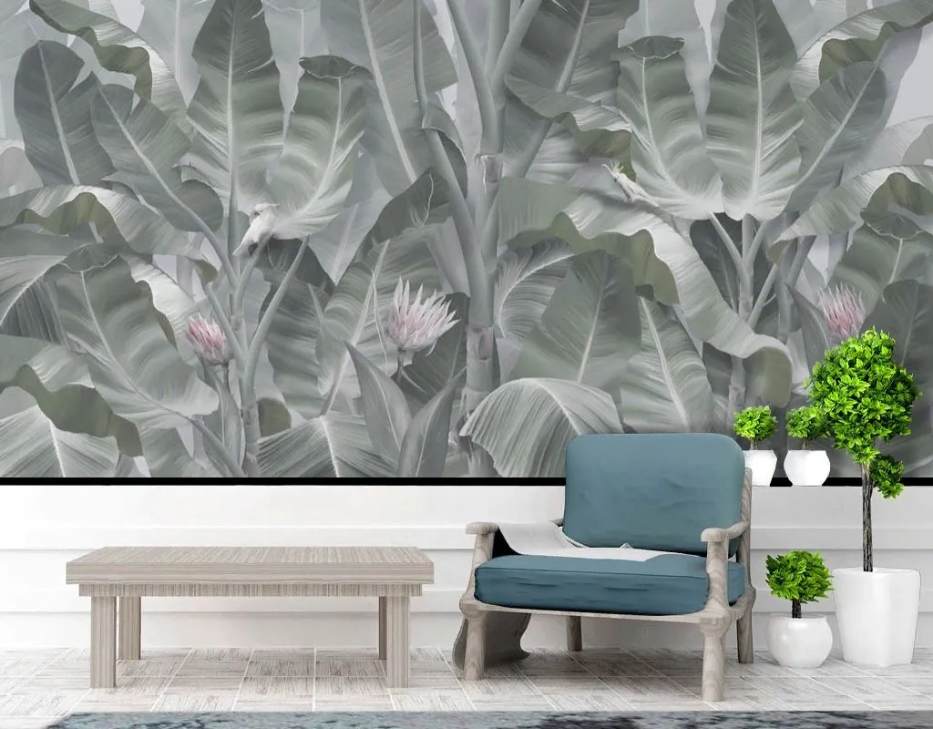 Фотообои в интерьере в спальню тропические листья серый фон   13-668 фото