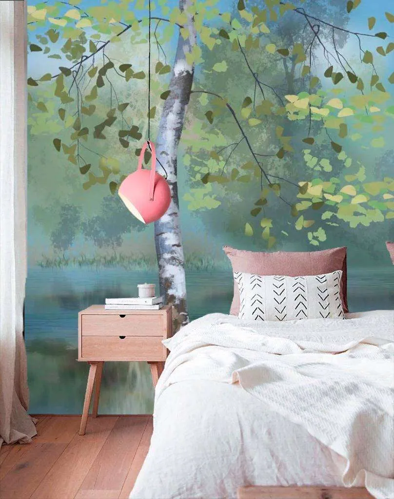 Фотообои в интерьере береза у реки  13-292 фото