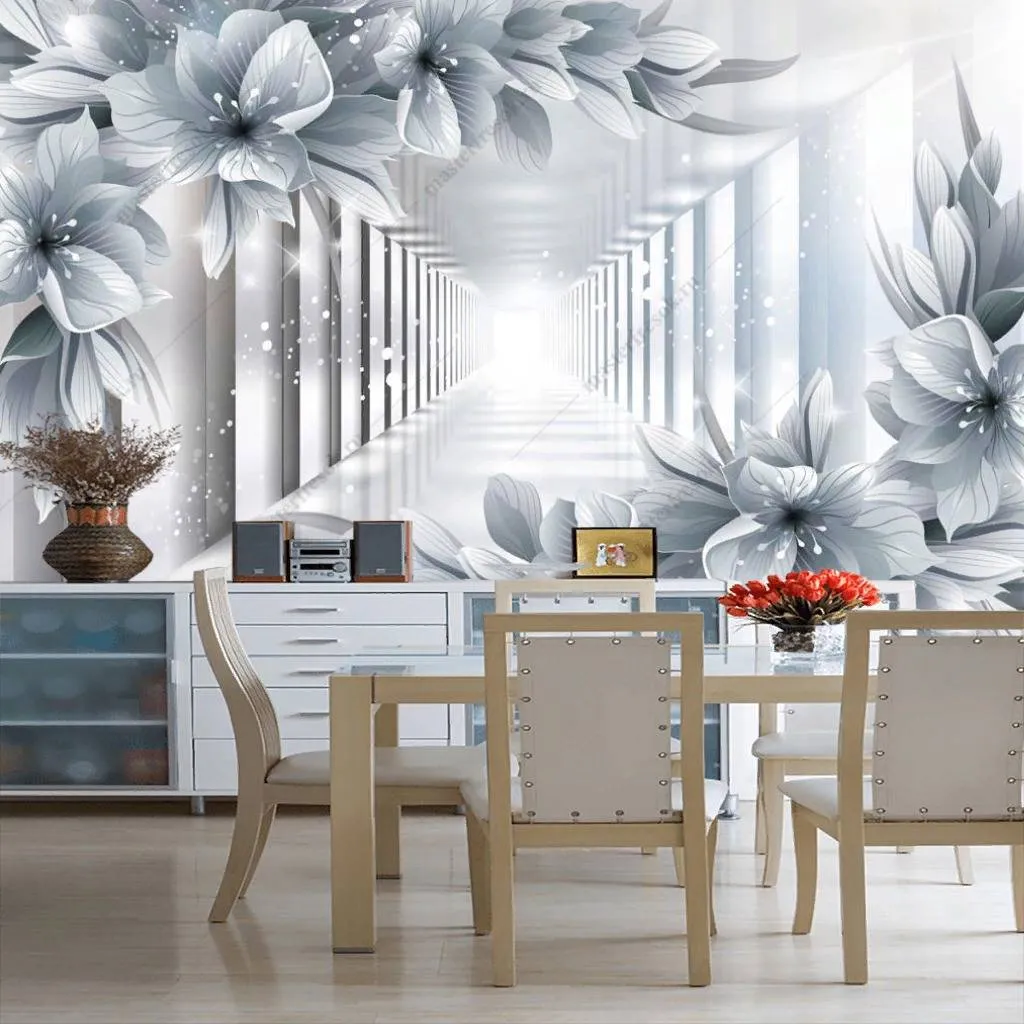 Фотообои в интерьере 3д белые цветы в тоннеле  10-852 фото