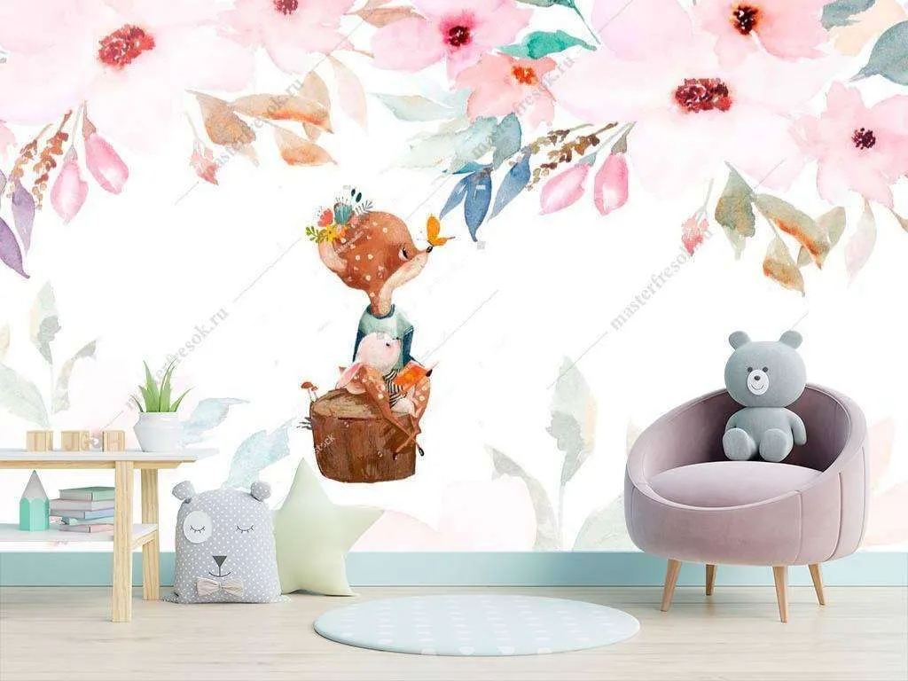 Фотообои в интерьере олененок и бабочка  14-016 фото