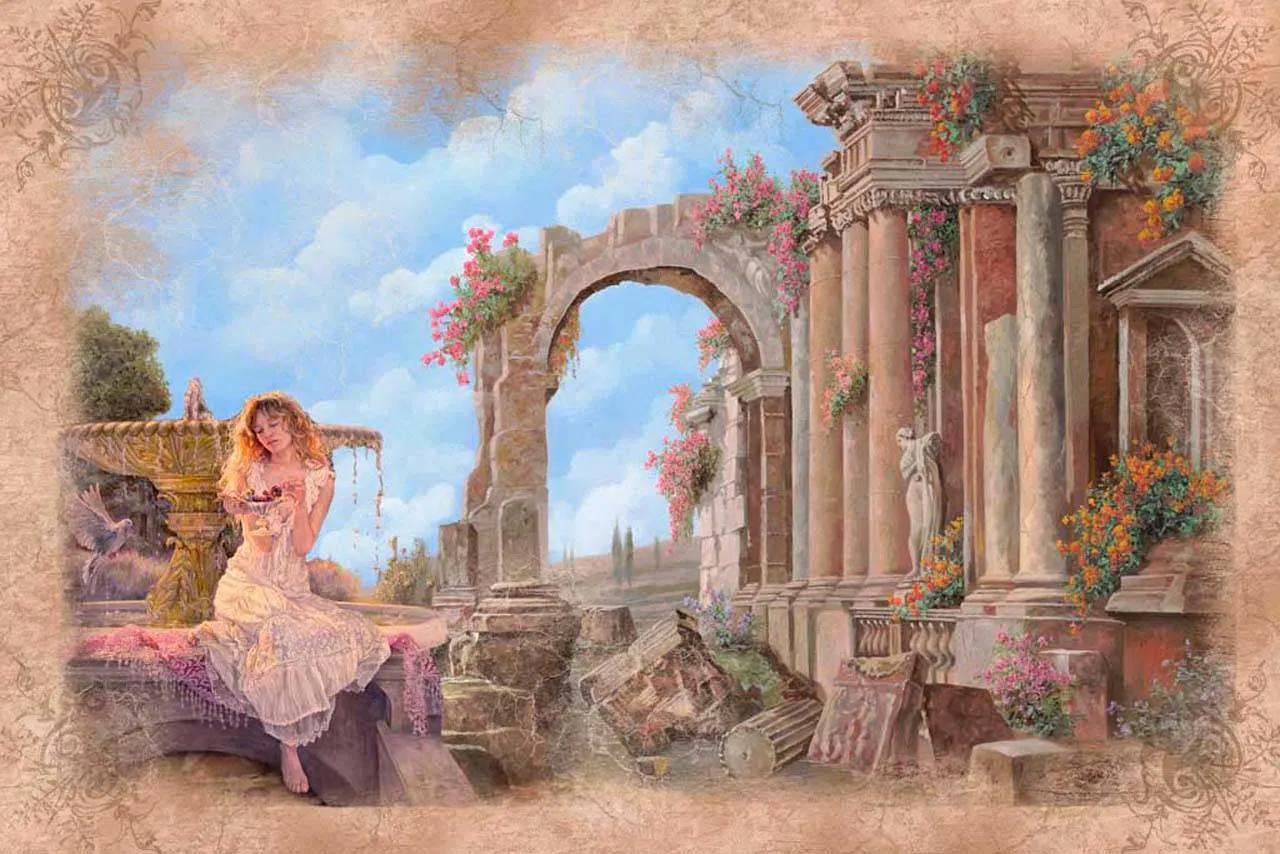 Фотообои в интерьере античные развалины и девушка  7-089 фото