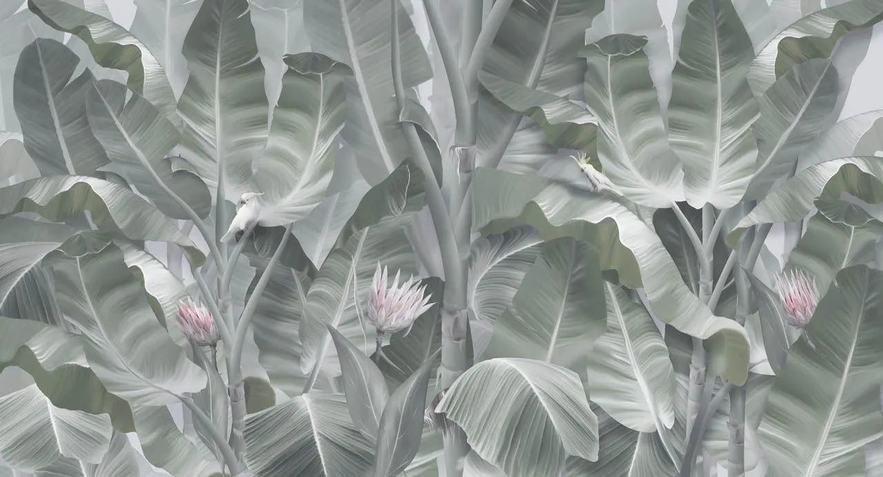 Фотообои в интерьере в спальню тропические листья серый фон   13-668 фото