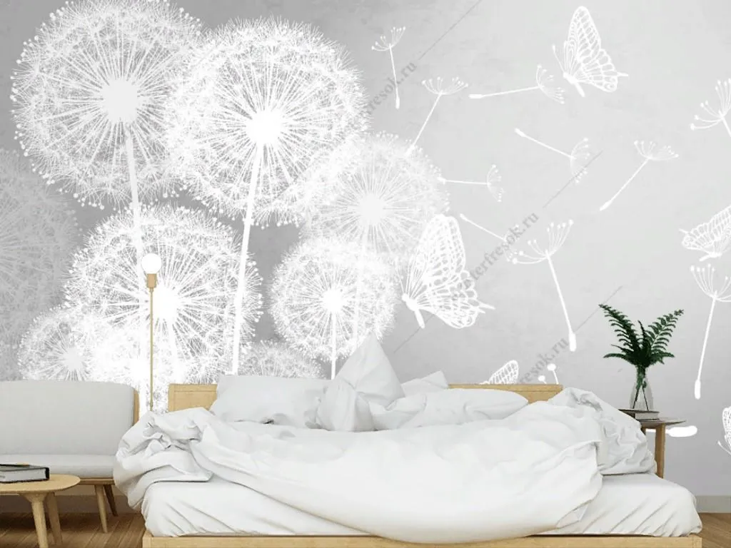 Фотообои в интерьере одуванчики на сером фоне  14-300 фото