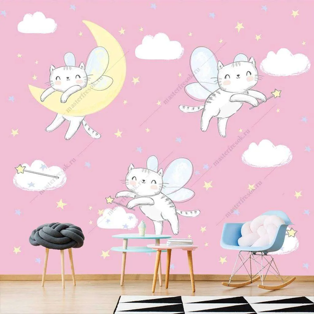 Фотообои в интерьере кошки-феи парят над облаками на розовом фоне  12-413 фото
