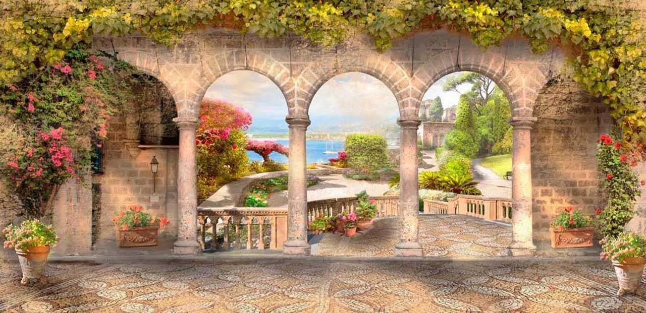 Фотообои в интерьере арка терраса с видом на море  7-010 фото