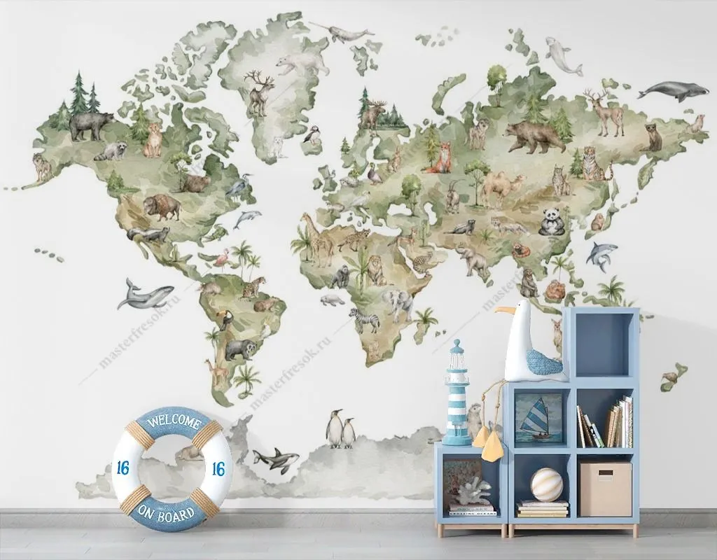 Фотообои в интерьере животные на карте мира  14-593 фото