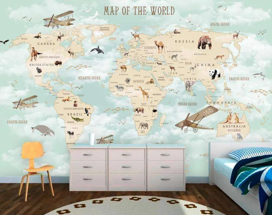 Фотообои Бесшовные обои на стену:  Карта мира с животными и кораблями. Артикул: 15-094  