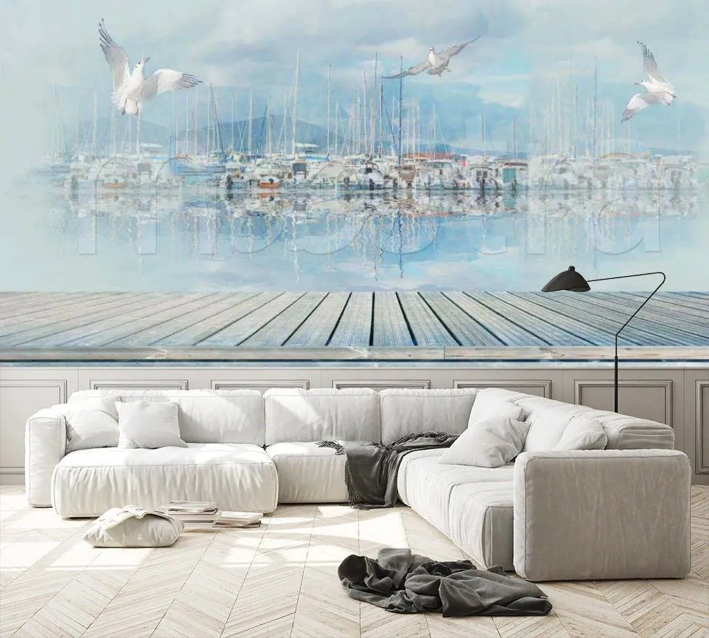 Фотообои в интерьере терраса с видом на парусники  7-056 фото
