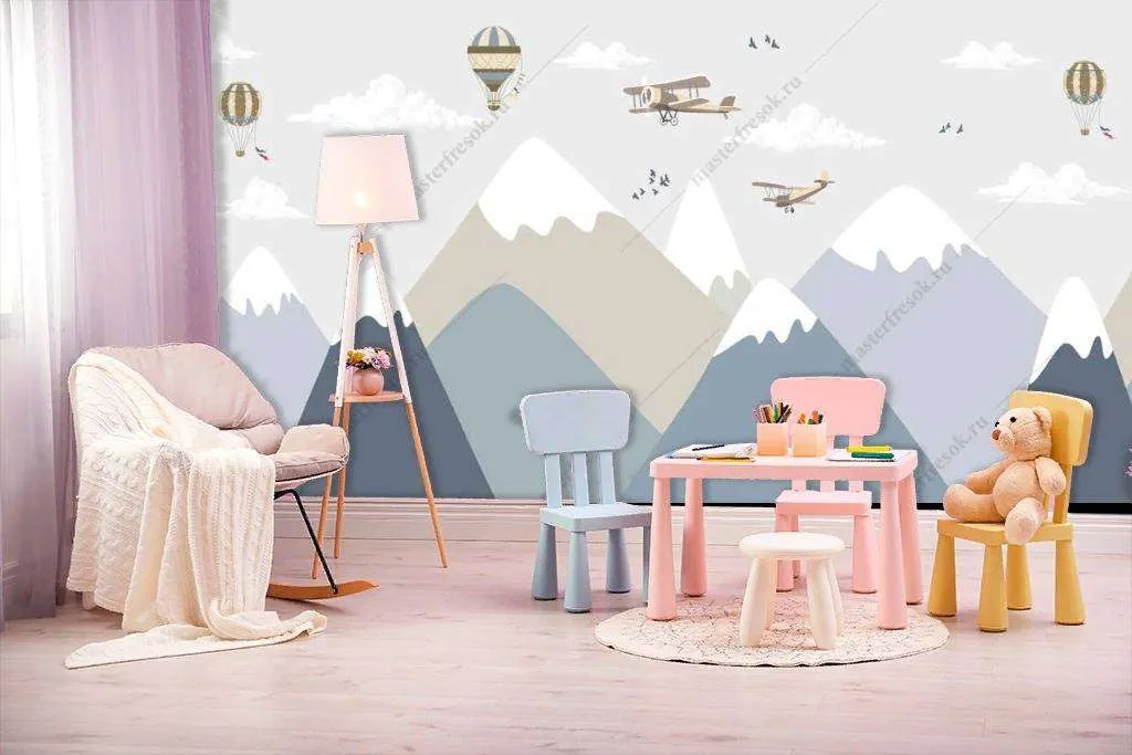 Фотообои в интерьере голубые пики и самолеты  12-1198 фото