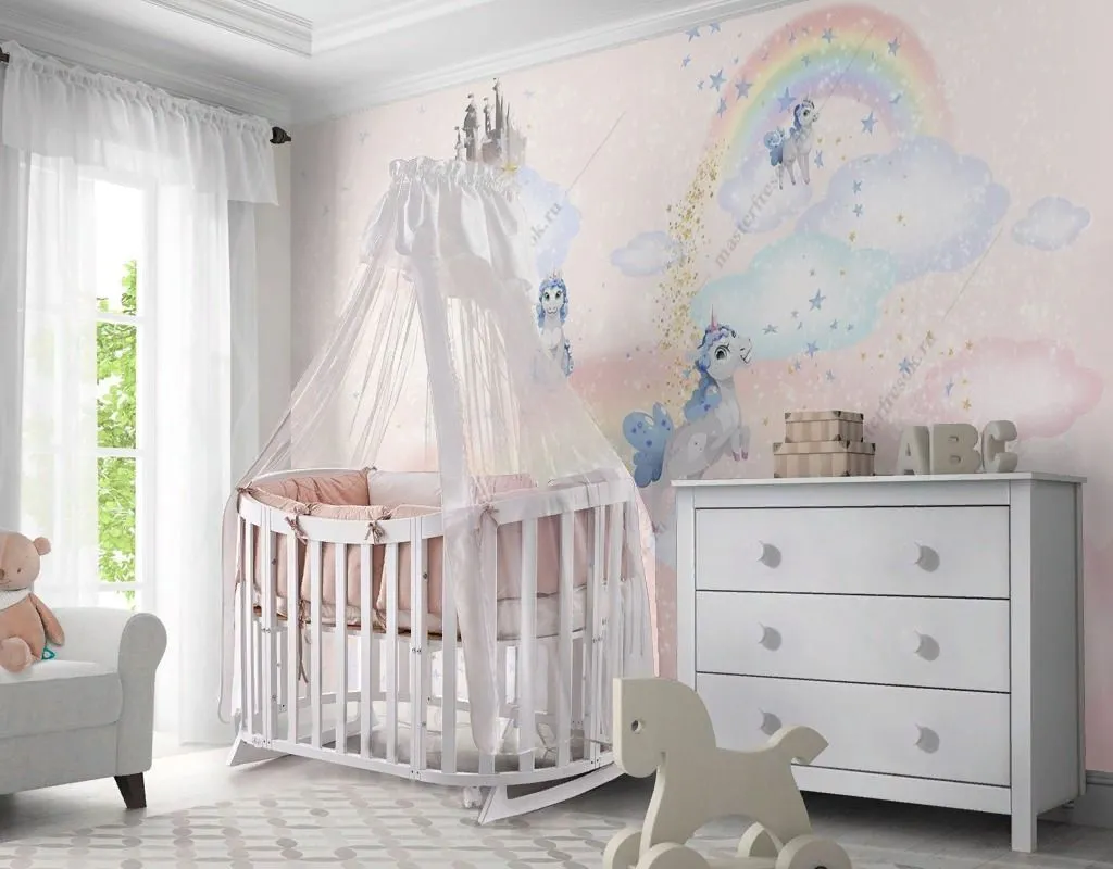 Фотообои в детскую единороги на облаках   12-1583