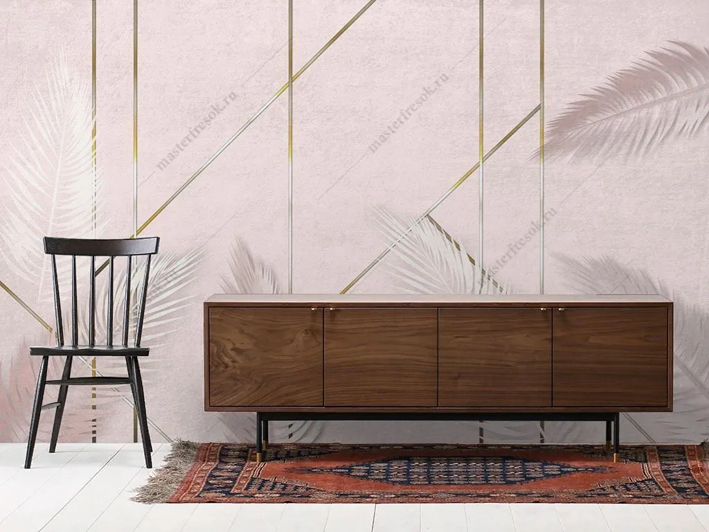 Фотообои в интерьере листья и геометрический рисунок  9-1847 фото