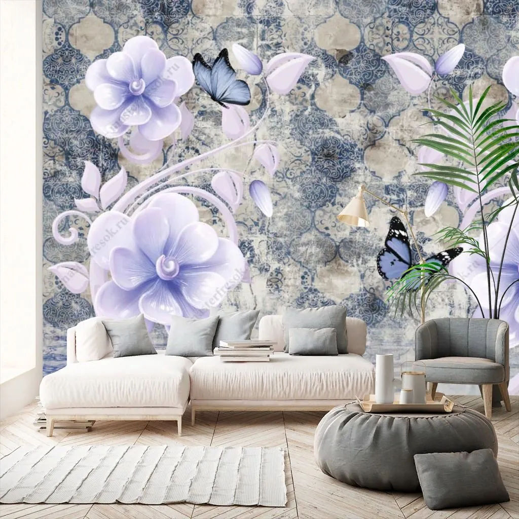 Фотообои в интерьере 3д цветы на синем фоне  10-909 фото