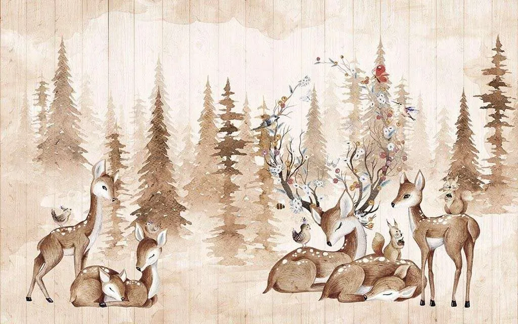 Фотообои в интерьере оленята на фоне леса  14-228 фото