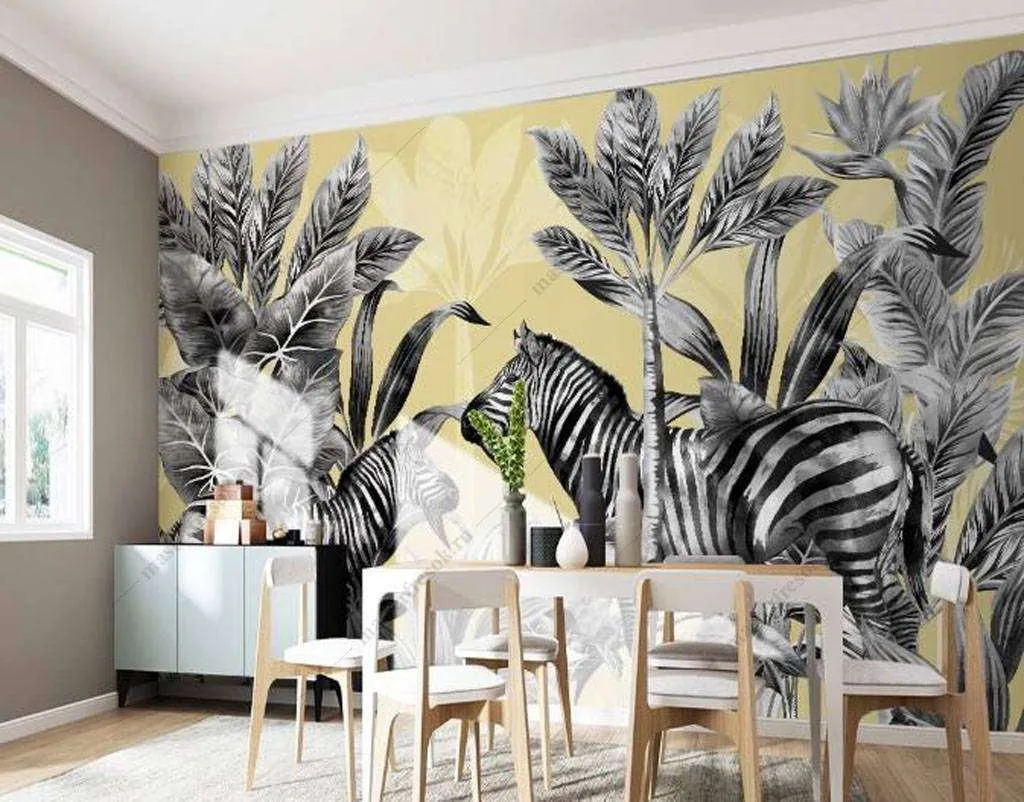 Фотообои в интерьере зебры в тропиках  16-126 фото