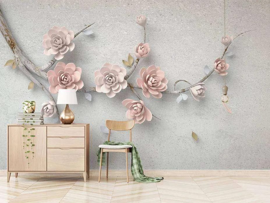 Фотообои в интерьере 3д ветка с розовыми цветами  15-370 фото