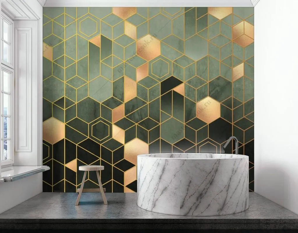 Фотообои в интерьере геометрия шестиугольники золотые  9-1511 фото