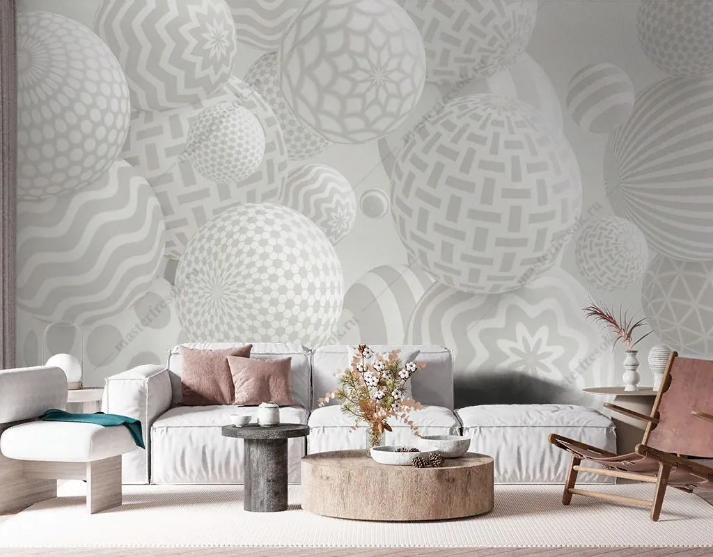 Фотообои в интерьере объмные 3d шары с рисунком  10-984 фото