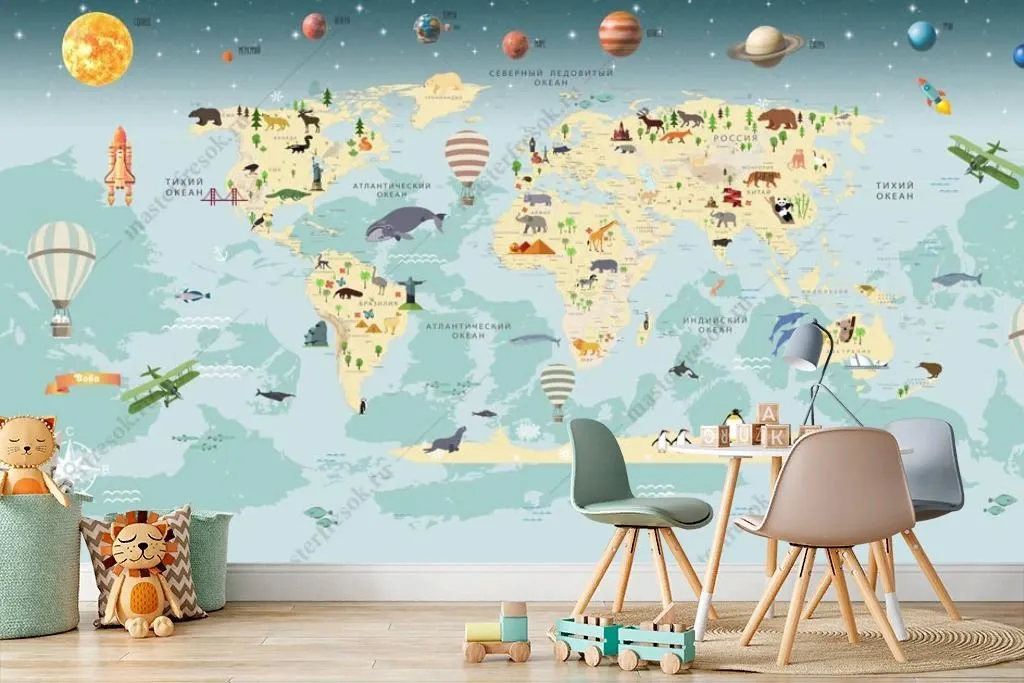 Фотообои Карта мира с планетами  14-290
