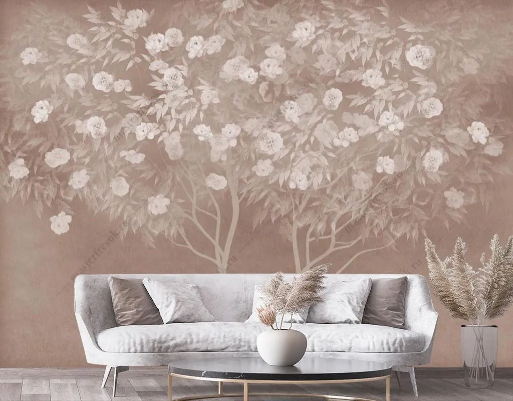 Фотообои в интерьере дерево цветущее ретро  13-585 фото