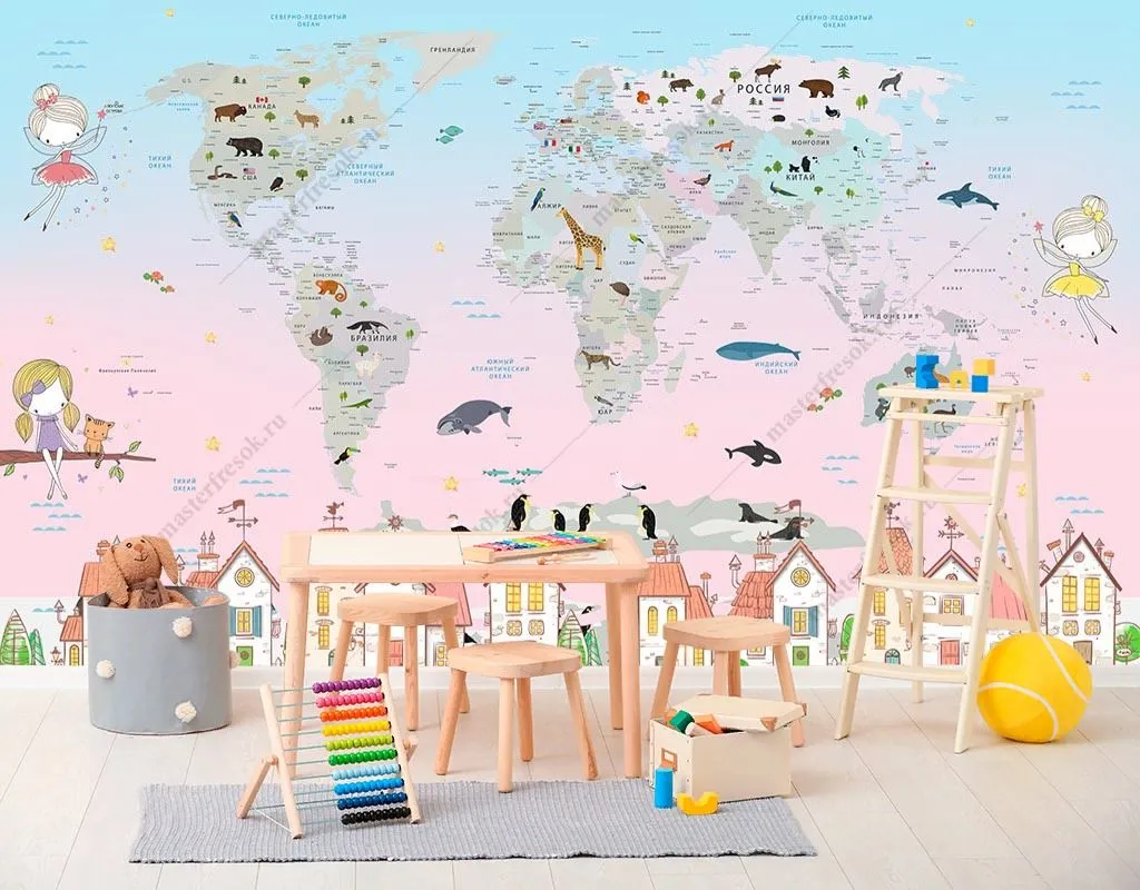 Фотообои в интерьере карта мира в детскую  14-541 фото