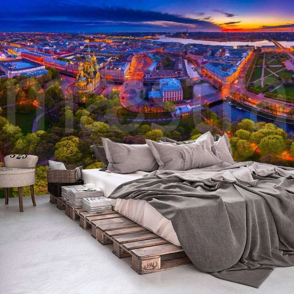 Фотообои в интерьере питер в ночных огнях  9-680 фото