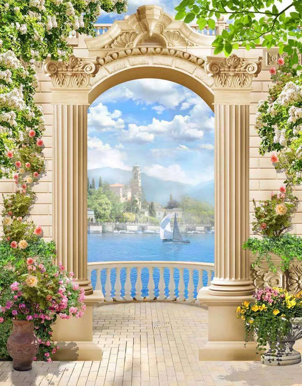 Фотообои в интерьере арка с видом на море и облака  7-096 фото