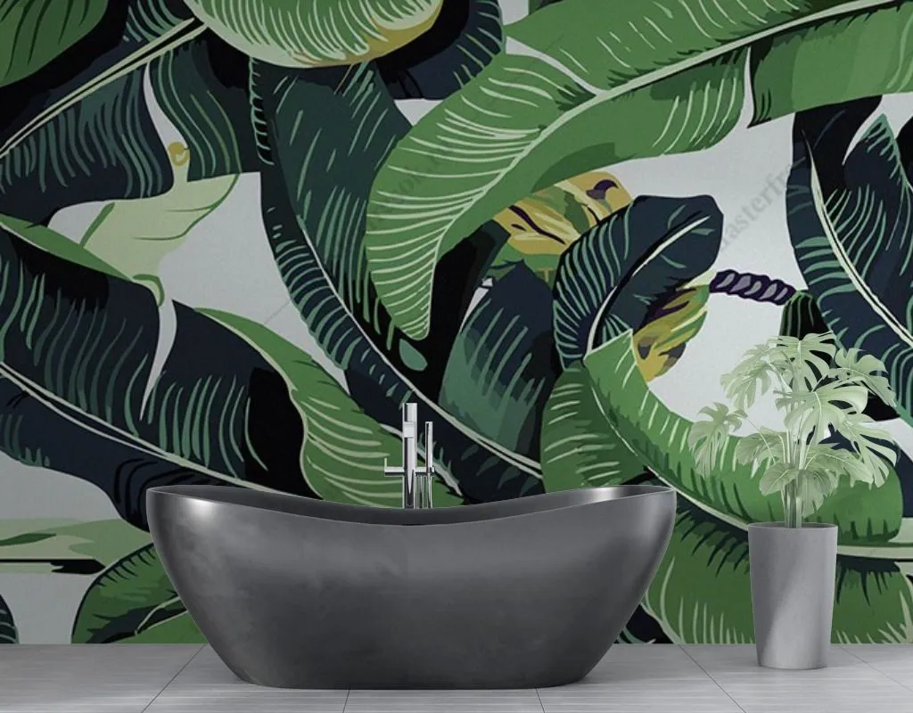Фотообои в интерьере принт банановые листья  14-483 фото