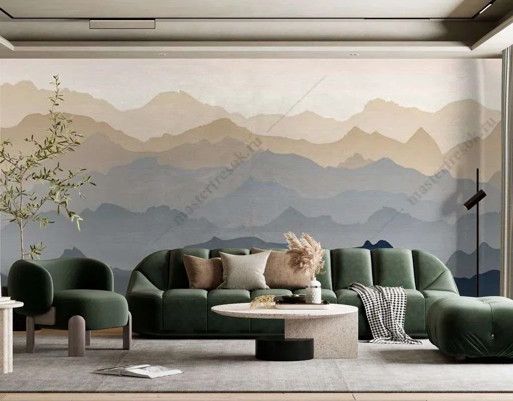 Фотообои в интерьере холмы в тумане  14-419 фото