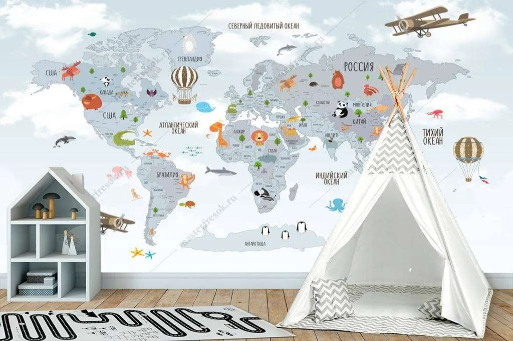 Фотообои в интерьере карта мира детская с самолетами  12-968 фото