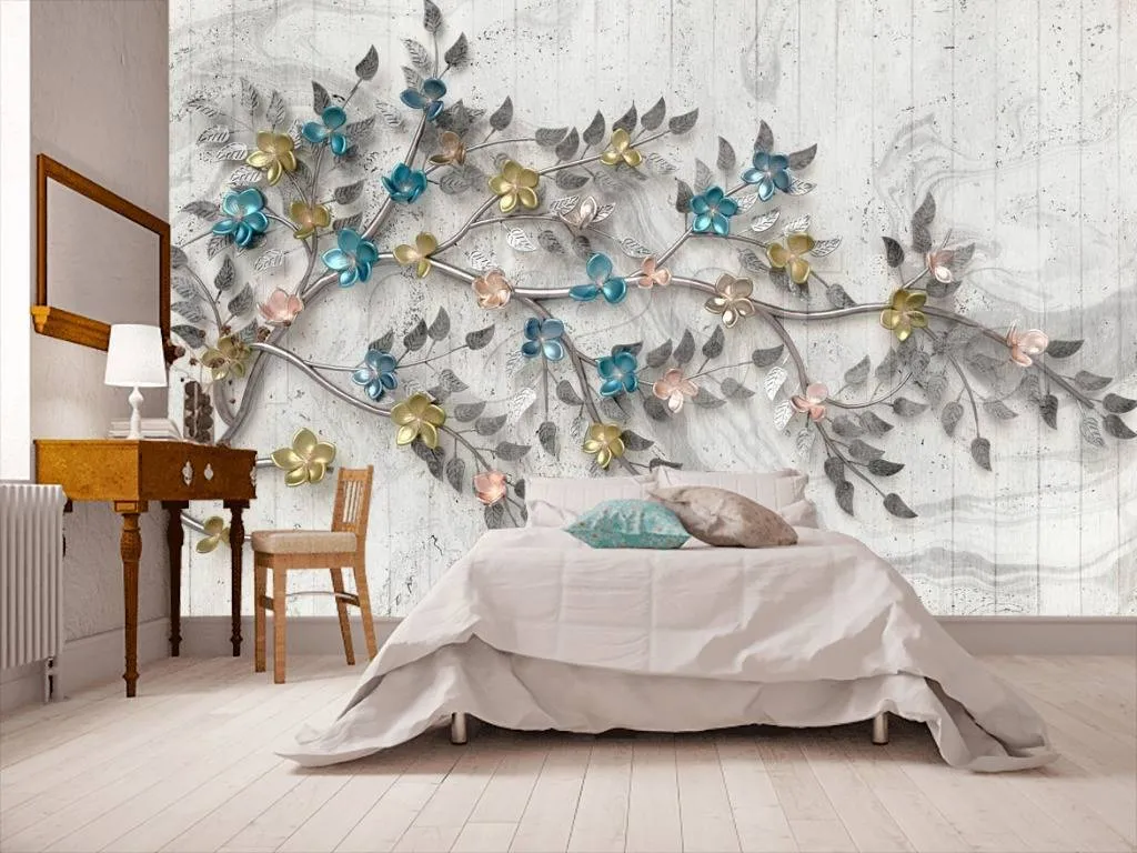 Фотообои в интерьере ветка дерева на сером фоне  10-521 фото