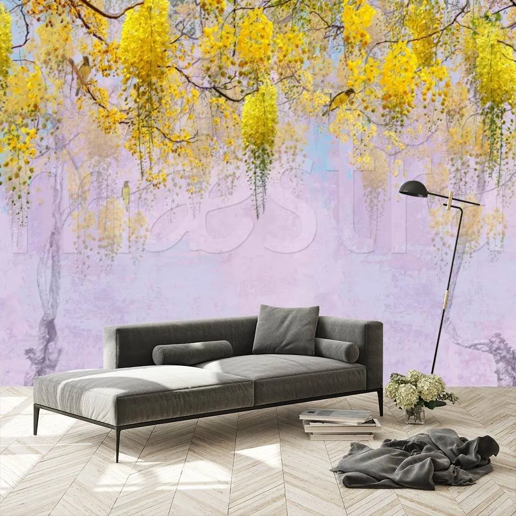 Фотообои в интерьере желтые цветы на розовом фоне  7-539 фото