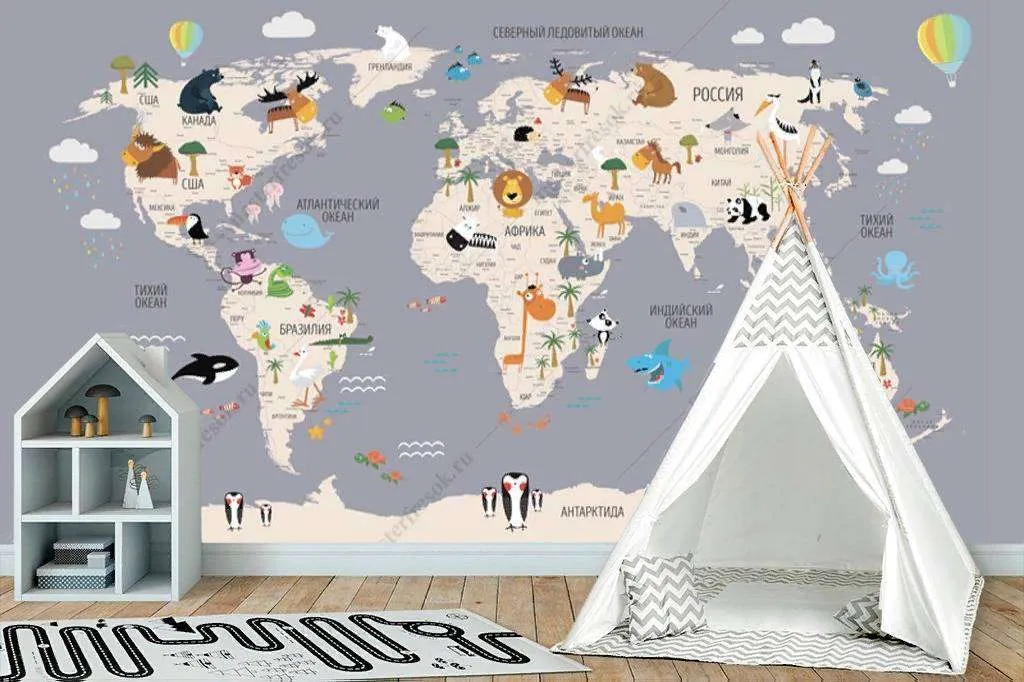 Фотообои в интерьере карта цветная на сером фоне  12-1009 фото