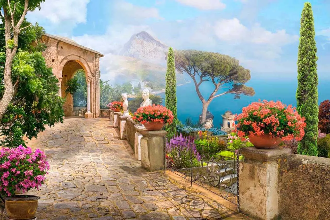 Фотообои в интерьере терраса с аркой и красными цветами  7-252 фото