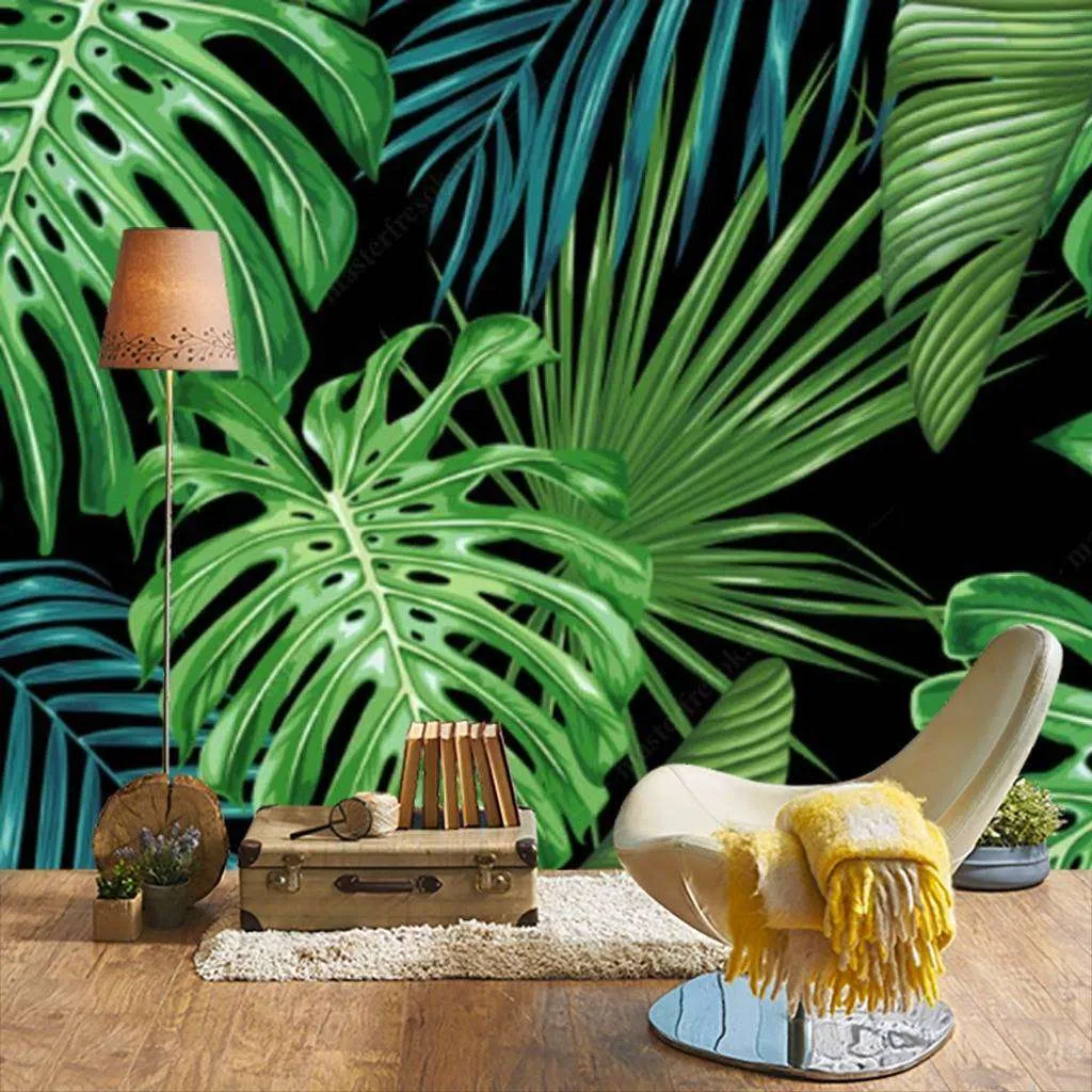 Фотообои в интерьере монстера на черном фоне  15-549 фото