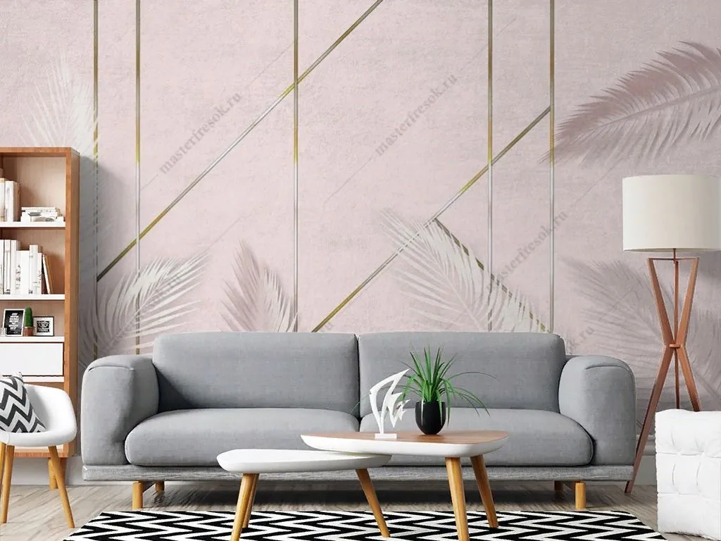 Фотообои в интерьере листья и геометрический рисунок  9-1847 фото