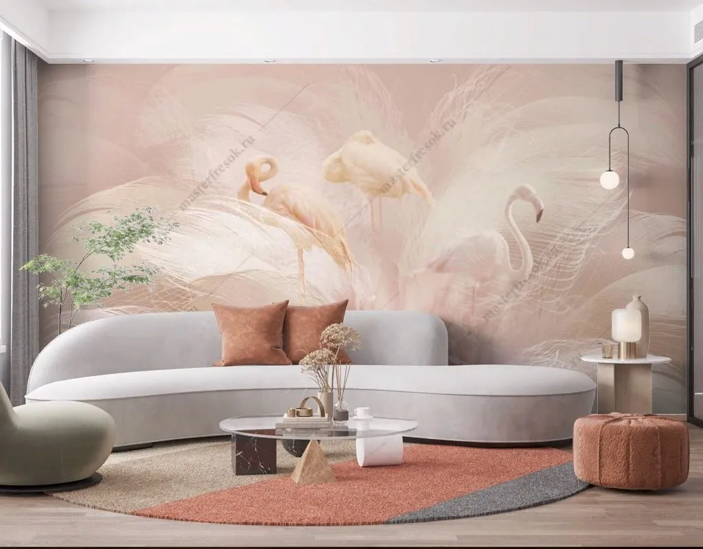 Фотообои в интерьере фламинго в пионах  13-580 фото