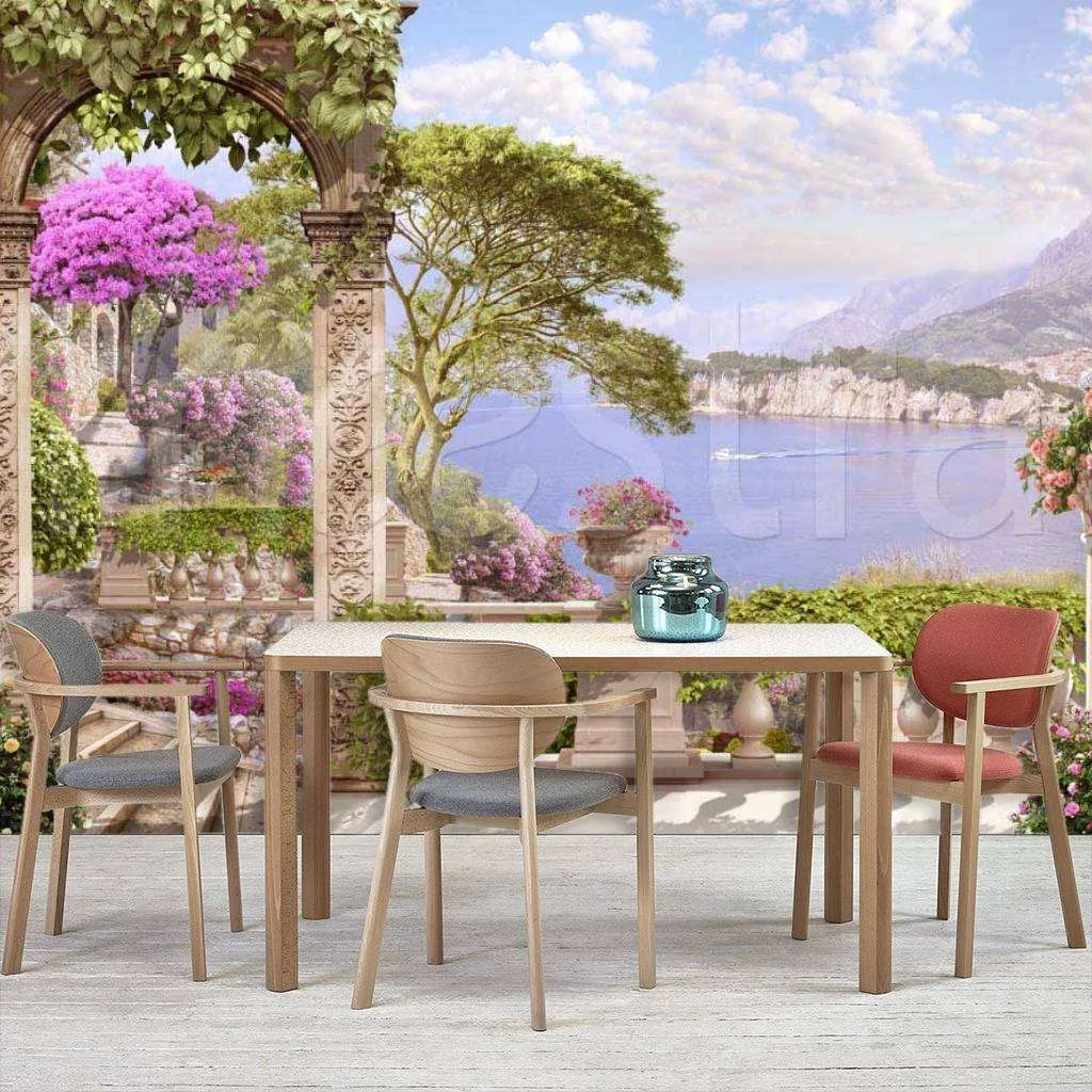 Фотообои Вид с цветочного балкона через арку на море  7-248