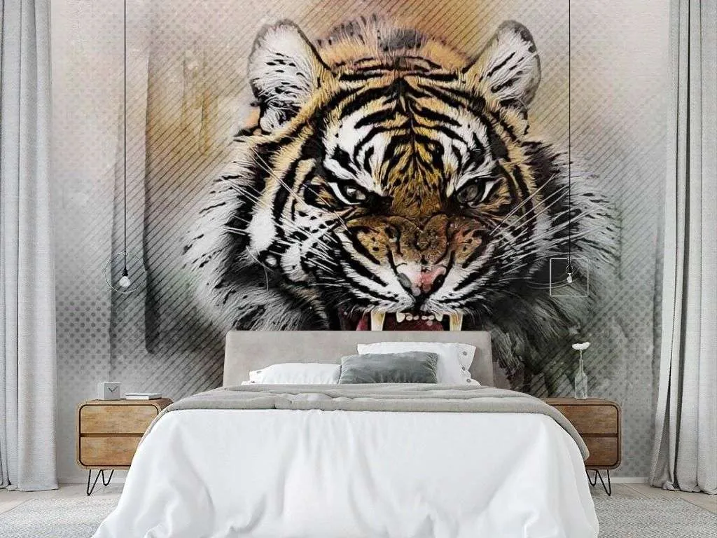 Фотообои в интерьере рычащий тигр  17-4299 фото