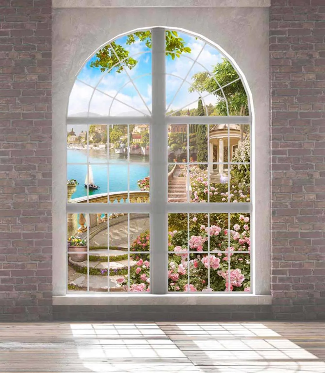 Фотообои в интерьере окно аркой с видом на набережную  7-651 фото