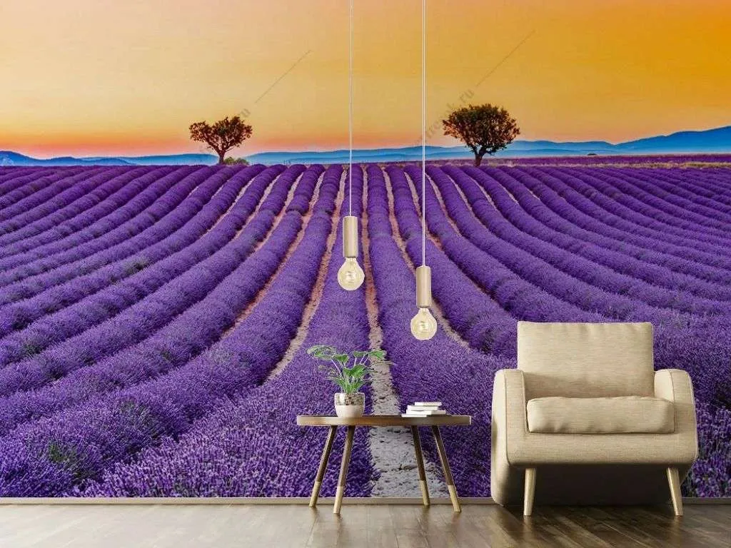 Фотообои в интерьере закат в лавандовых полях  9-1734 фото