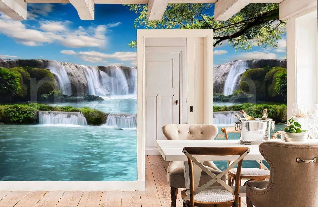 Фотообои в интерьере водопад с голубой лагуной  9-849 фото