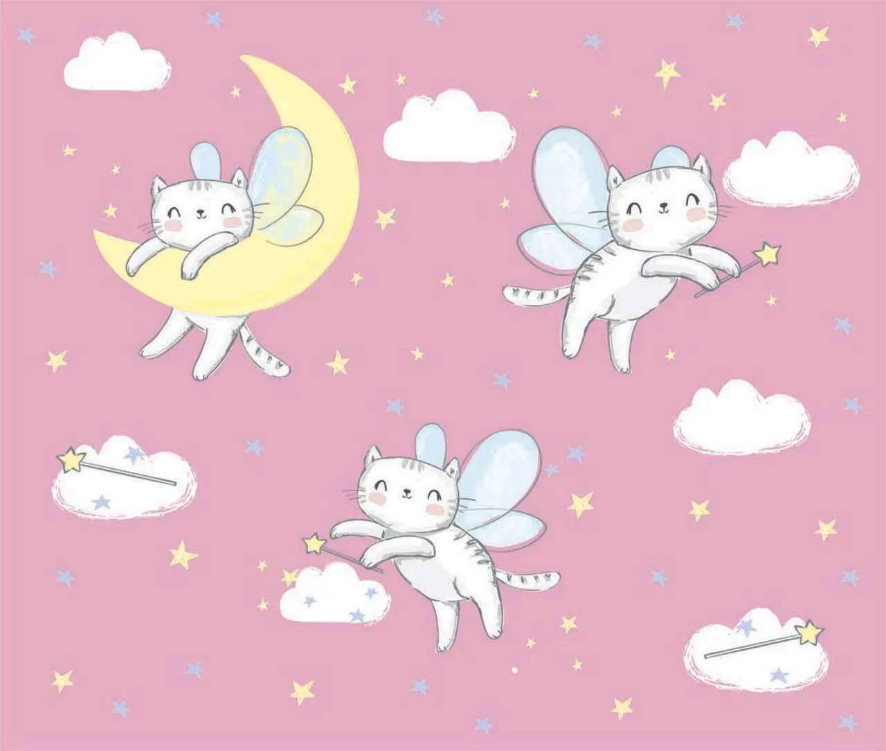 Фотообои в интерьере кошки-феи парят над облаками на розовом фоне  12-413 фото