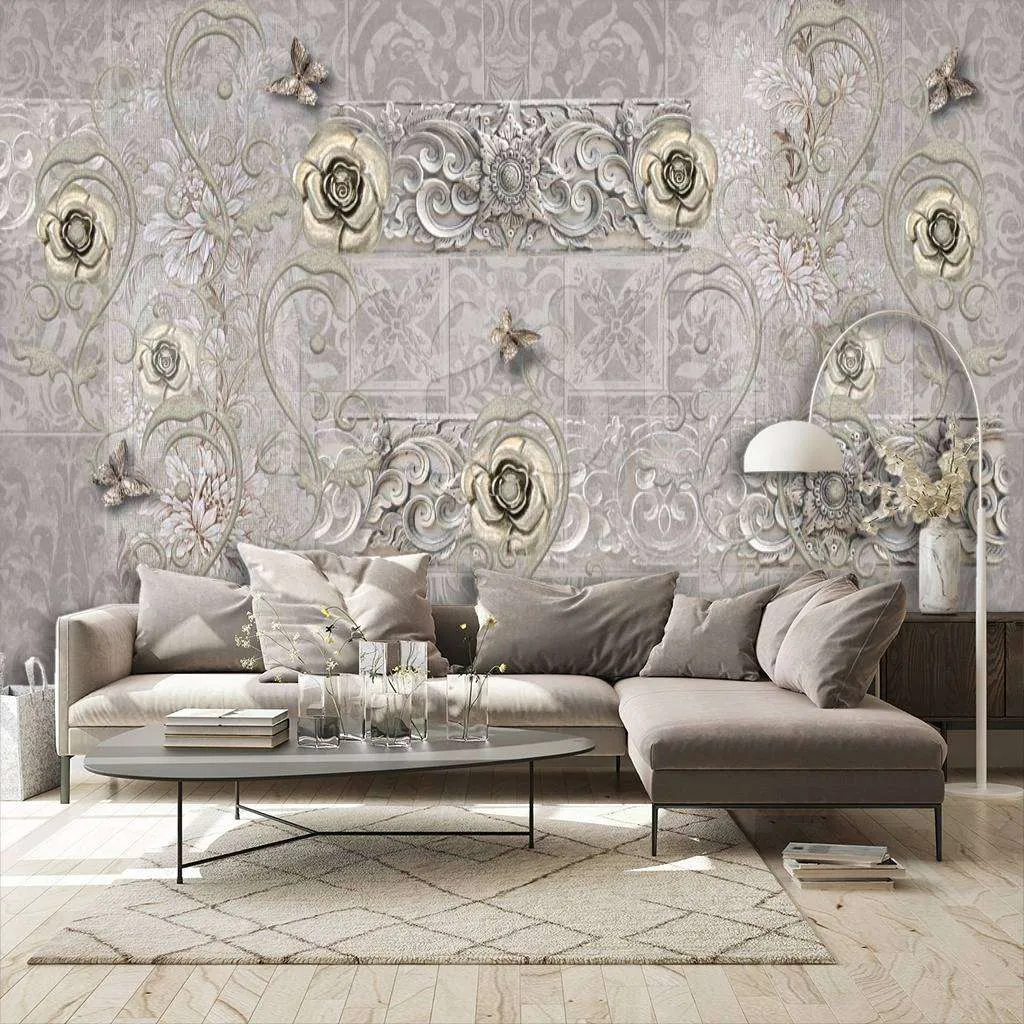 Фотообои в интерьере 3д узоры с цветами и бабочками  7-605 фото