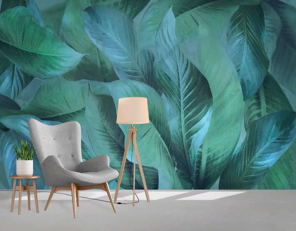 Фотообои в интерьере зеленые тропические листья  13-399 фото