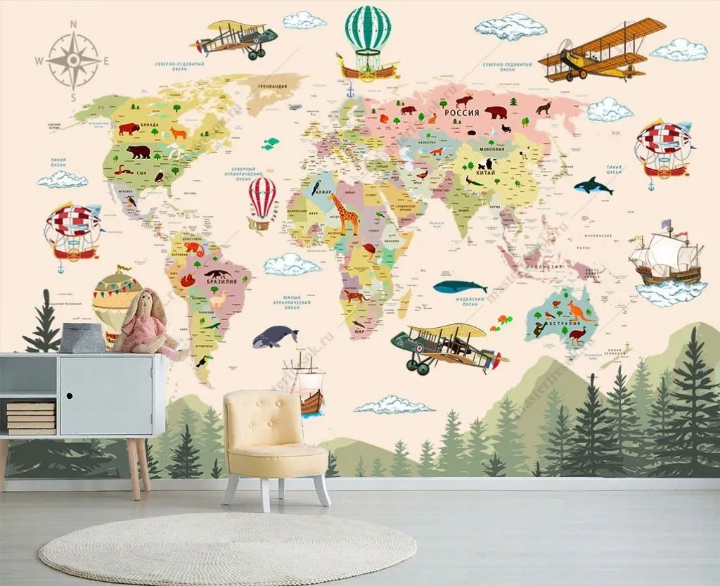 Фотообои в интерьере карта мира и лес  14-537 фото