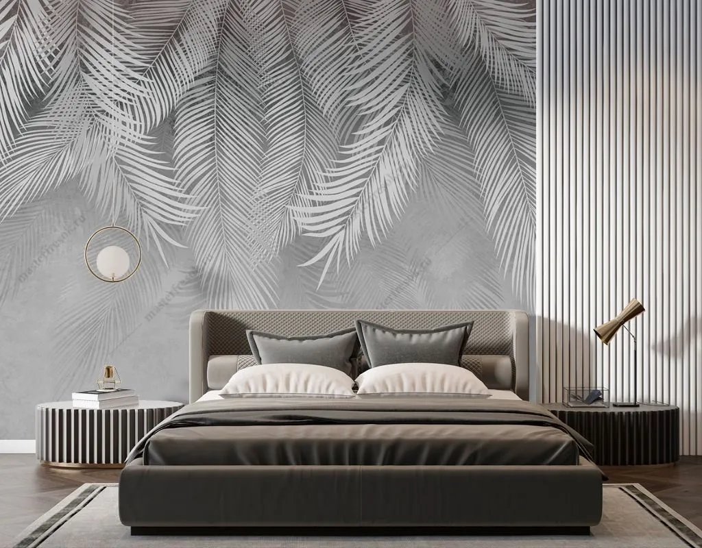 Фотообои в интерьере листья нежно серые  14-334 фото
