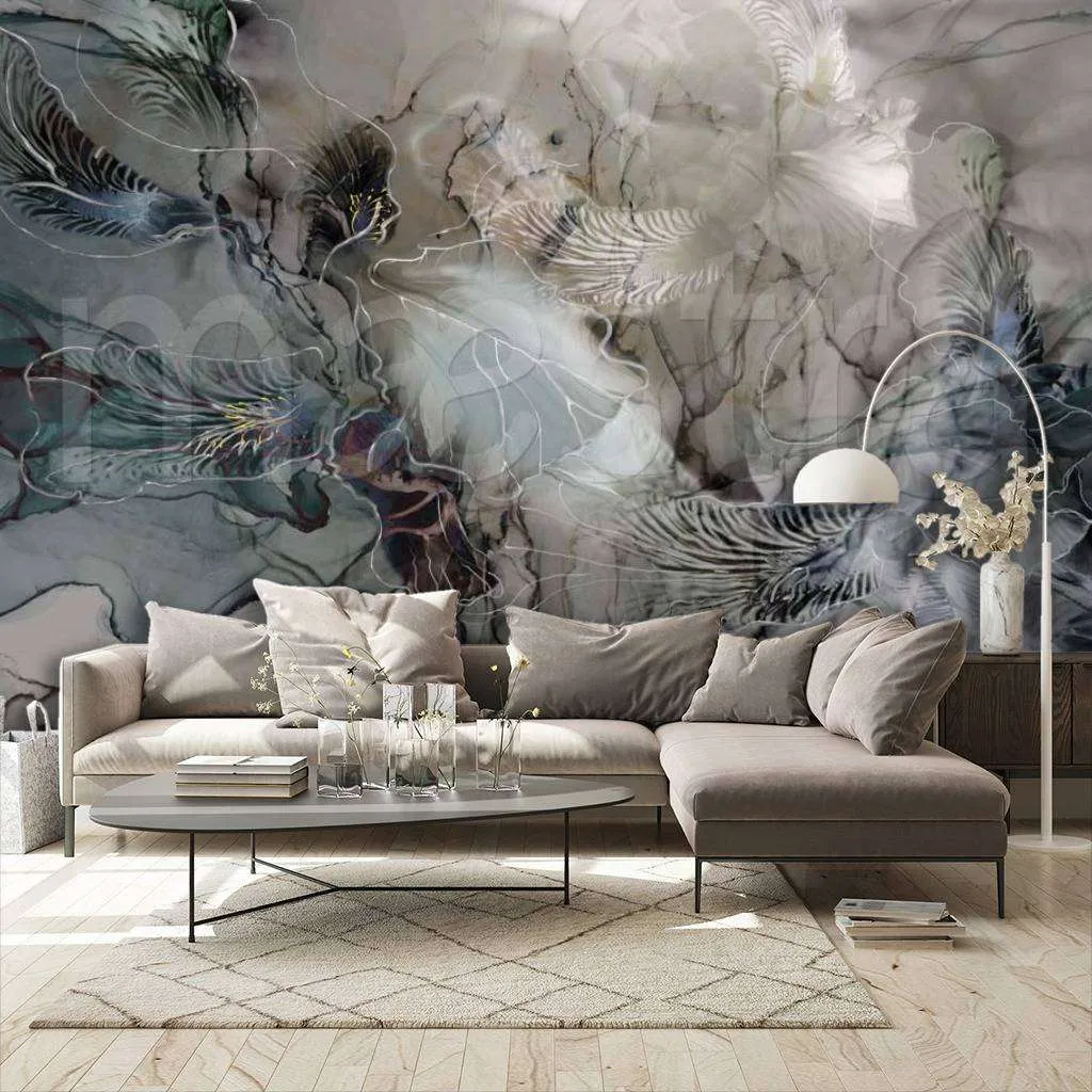 Фотообои в интерьере листья абстрактного типа в темных тонах  7-857 фото