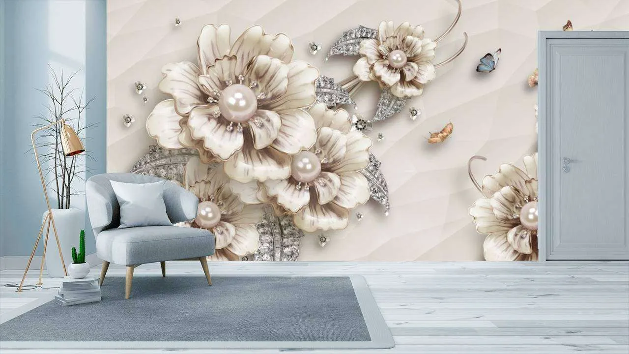 Фотообои в интерьере бежевые цветы  10-614 фото