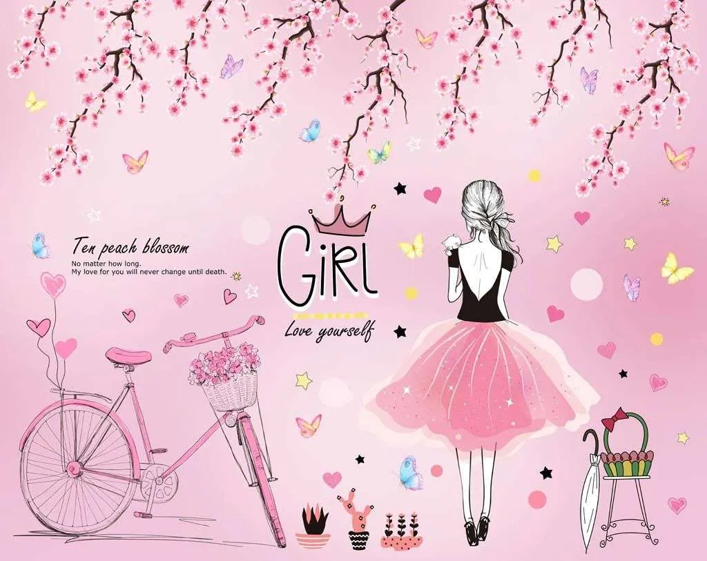 Фотообои в интерьере девочка с велосипедом на розовом фоне  14-273 фото