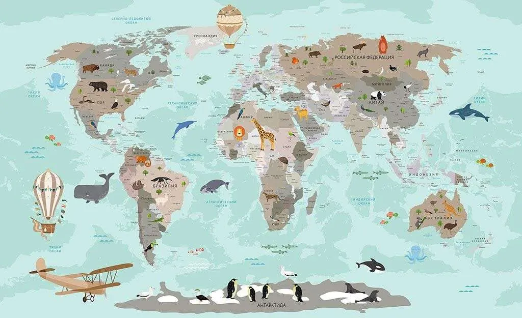 Фотообои в интерьере карта мира для детской  14-195 фото